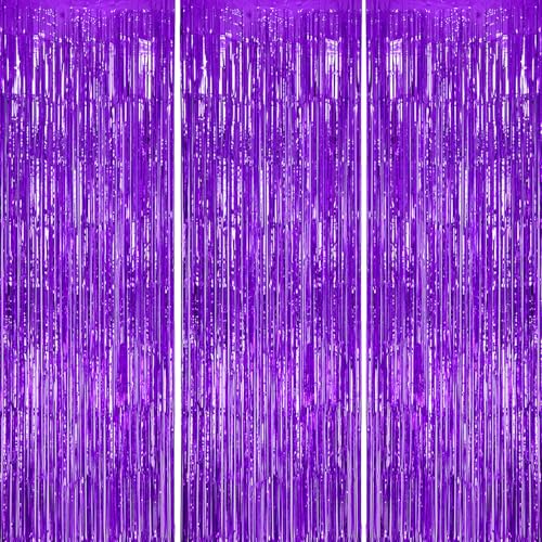 DECOCKRAT 3 Pack Foil Fringe Backdrop - Purple Shiny Tinsel Curtains for Party Decoration/Photo Booth Props - 3.3x8.2 FT Metallic Foil Backdrop for Birthday, Wedding, Graduation, Christmas. - color: Purple