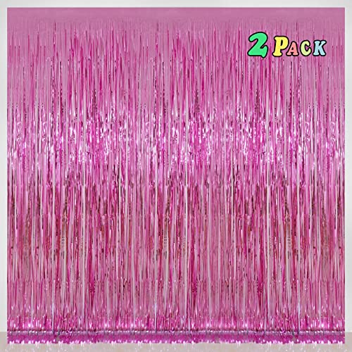 Pink Foil Fringe Curtains Tinsel Backdrop, Melsan 3.2 x 8 ft Metallic Tinsel Curtains Party Decorations for Baby Shower, Princess Themed Birthday Party Backdrop - Pack of 2 - color: Pink, size: 3.2 x 8 ft