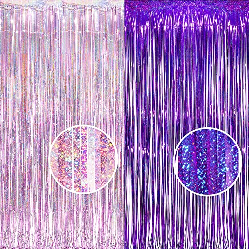 BRAVESHINE 1 Purple 1 Pink Streamers Party Backdrop - 3.2 ft x 8.2 ft Tinsel Foil Fringe Curtains for Valentines/Hunters/Girl/Women/Birthday/Engagement/Bridal Shower/Bachelorette Decorations - color: 1 Purple 1 Pink Foil Curtains