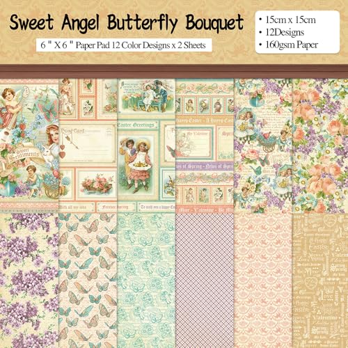 6x6” 160gsm cardstock Single Sided Scrapbooking 24 Papers Pad vintage decoupage scrapbook kit patterned paper junk journal supplies journaling supply scrap paper crafting Angel - color: 24sheets-angel