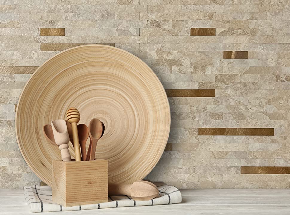 AULIGET Faux Stone Peel and Stick Backsplash, Beige Marble Look PVC Wall Tiles Stick on Backsplash, 2 - color: Stone Beige + Metal Copper, size: 2 Sheets, 6"x12"x0.12"