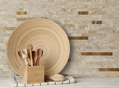 AULIGET Faux Stone Peel and Stick Backsplash, Beige Marble Look PVC Wall Tiles Stick on Backsplash, 2 - color: Stone Beige + Metal Copper, size: 2 Sheets, 6"x12"x0.12"