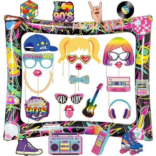 90s Inflatable Photo Frame & Props, 25Pcs Back to The 90s Photo Booth Props with Inflatable Selfie Picture Frame for 1990s Throwback Birthday Party Supplies - color: 90s