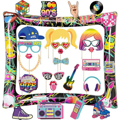 90s Inflatable Photo Frame & Props, 25Pcs Back to The 90s Photo Booth Props with Inflatable Selfie Picture Frame for 1990s Throwback Birthday Party Supplies - color: 90s