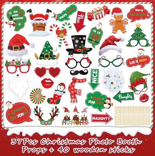 Christmas Photo Booth Props - 36Pcs Christmas Party Decorations Decor & Selfie Accessories, Fun Xmas Party Favors Gifts for Adults, Office Party Supplies