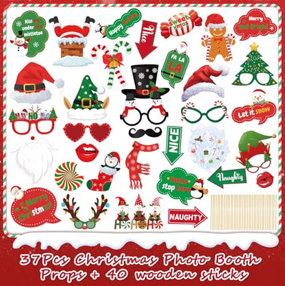 Christmas Photo Booth Props - 36Pcs Christmas Party Decorations Decor & Selfie Accessories, Fun Xmas Party Favors Gifts for Adults, Office Party Supplies