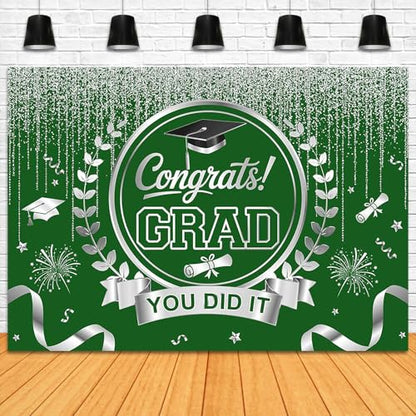 Graduation Backdrop Congrats Grad You Did It Party Decorations Background Congratulations Graduate Class of 2026 Banner Photo Booth Props (Green and Silver, 7x5ft) - color: Green and Silver