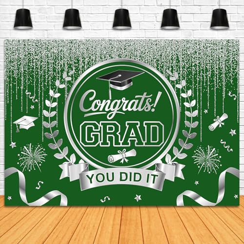 Graduation Backdrop Congrats Grad You Did It Party Decorations Background Congratulations Graduate Class of 2026 Banner Photo Booth Props (Green and Silver, 7x5ft) - color: Green and Silver