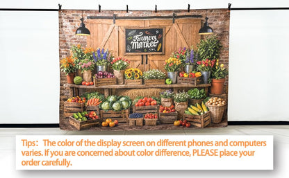 7x5ft Fabric Farmers Market Backdrop Fresh Vegetables Flowers Wooden Barn Spring Photography Background Baby Shower Birthday Party Decorations Photo Banner Props - size: 7'x5'