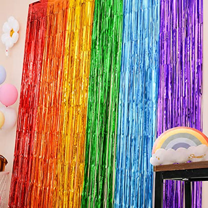 LOLStar Rainbow Photo Booth Props 4 Packs Rainbow Party Decorations 13.2x6.6 ft Foil Fringe Curtains Tinsel Metallic Streamers Holiday Backdrop for Birthday Easter Engagement Bridal Shower Pride - size: 4 Pack