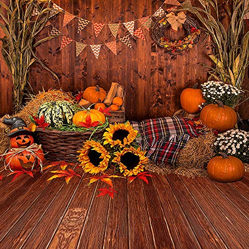 8X8FT Fall Thanksgiving Wooden Floor Barn Autumn Pumpkins Maple Leaves Sunflower Baby Portrait Party Halloween Decoration Vinyl Photography Backdrop Photo Booth Background Studio Prop TP295B - size: 8'x8'