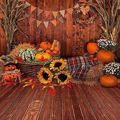 8X8FT Fall Thanksgiving Wooden Floor Barn Autumn Pumpkins Maple Leaves Sunflower Baby Portrait Party Halloween Decoration Vinyl Photography Backdrop Photo Booth Background Studio Prop TP295B - size: 8'x8'