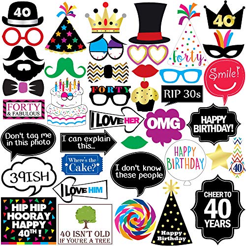40th Birthday Photo Booth Props - 40 Pieces - Funny Birthday Party Supplies for Him or Her - Photo Booth Decorations, Favors and Gifts