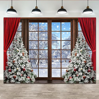 Lofaris 7x5ft Winter Scene Backdrop Wonderland Snowflake Photography Background Window Red Curtain Forest Christmas Tree Party Decoration Tree Landscape Kids Portrait Photobooth Photo Studio Props