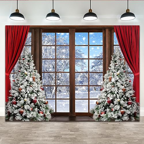 Lofaris 7x5ft Winter Scene Backdrop Wonderland Snowflake Photography Background Window Red Curtain Forest Christmas Tree Party Decoration Tree Landscape Kids Portrait Photobooth Photo Studio Props