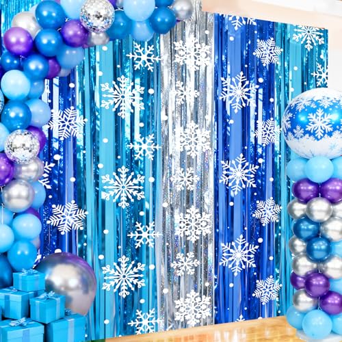 2 Packs Snowflake Foil Fringe Curtain, Blue Silver Ice Glitter Metallic Tinsel Backdrop for Princess Birthday Baby Shower Santa Claus Christmas Winter Wonderland Party Decoration Supplies - color: Blue Silver Snow