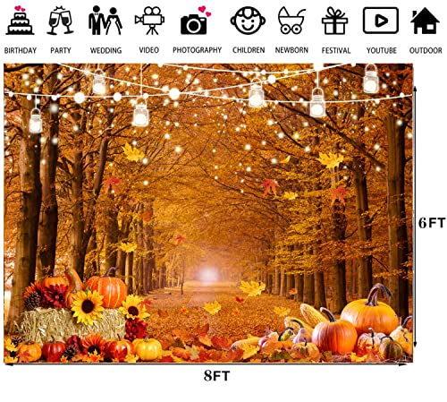 8x6ft Fall Forest Backdrop Autumn Leaves Pathway Pumpkin Background for Thanksgiving Party Harvest Festival Photography Decorations Rustic Photo Booth Banner 185 - size: 8x6ft