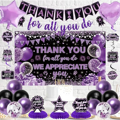 Vlipoeasn We Appreciate You Banner Decorations, Black Purple Thank You for All You Do Backdrop Banner Honeycomb, Retirement Office Decor Staff Teachers Professors Doctor Nurses Appreciation - style: Purple