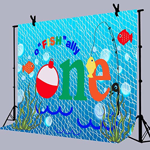 Gone Fishing 1st Birthday Party Photography Backdrop, 7X5FT, O Fish Ally Blue Fishing Nets Bubbles Background, Photo Booth Studio Props RBJYYLU80 - size: polyester microfiber fabric-7x5ft