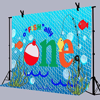 Gone Fishing 1st Birthday Party Photography Backdrop, 7X5FT, O Fish Ally Blue Fishing Nets Bubbles Background, Photo Booth Studio Props RBJYYLU80 - size: polyester microfiber fabric-7x5ft