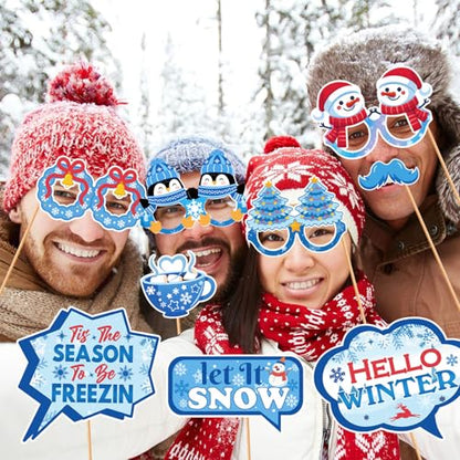 Qpout 38 Pcs Winter Photo Booth Props Kit with Glasses, Winter Wonderland Christmas Decorations, Snowman Snowflake Party Supplies, Holiday Photo Accessories