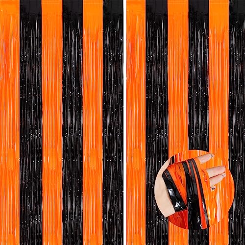 Orange Black Tinsel Foil Fringe Curtains, 2 Pack 3.3x8.3 Feet Party Streamer for Birthday Party Decorations, Halloween Decor, Foil Curtain Backdrop for Bachelorette Party - color: Black Orange, size: 2 Pack