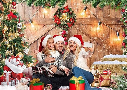 CHAIYA 8x6ft Christmas Backdrop Rustic Christmas Barn Wood Door Backdrop for Photography Xmas Tree Snow Wall Background Xmas Party Supplies Family Kids Party Banner Decorations Backdrops - size: 8′x6′