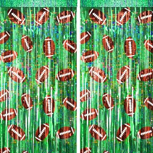2 Packs Football Foil Fringe Curtain, Green Glitter Metallic Tinsel Backdrop for Birthday, Baby Shower, Super Bowl, Football Party Decorations Supplies - color: Green Football