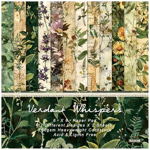 Scrapbook Paper Pad 6x6, Plant Flower Pattern Single Sided Cardstock, 24 Sheets 160 gsm Acid-free Decorative Craft Paper for DIY Photo Album Background Scrapbooking Supplies Kit, 12 Designs - color: Green