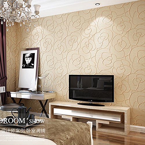 Q QIHANG Modern Minimalist Embossed 3D Rose Flower Non-Woven Wallpaper for Living Room Bedroom Beige Color Non-Self Adhesive Wallpaper 0.53mx10m=5.3㎡ - color: Beige