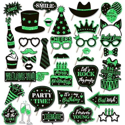 36 PCS Birthday Photo Booth Props Party Supplies Holiday Picture Decorations Photo Booth Props for Birthday Party Favors Pose Sign Kit Fun for Party (Black and Green) - color: Black and Green
