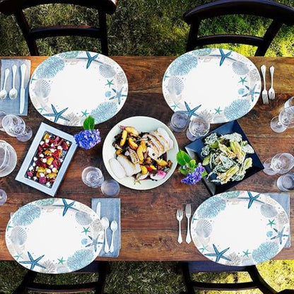 50Pcs Coastal Beach Oval Paper Plates 10" x 12" Large Heavy Duty Disposable Blue Ocean Coral Starfish Seashell Dinner Plates Summer Beach Paper Platters for Under the Sea Wedding Birthday Supplies - style: 50Pcs Coastal Oval Paper Plates