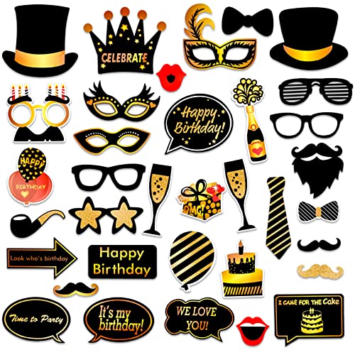Qpout Black and Gold Photo Booth Props (35 Count) for Kids Adults Birthday Party - Funny Chic Selfie Props With Bamboo Sticks & Stickers
