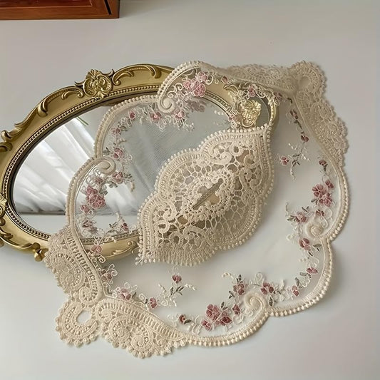 1Pcs French Lace Embroidered Table Mat Polyester Vintage Doily Placemat Beige Small Medium Size Decorative Table Cover for Coffee Table Nightstand Coaster Photo Prop Home Decor Accessories (Small)