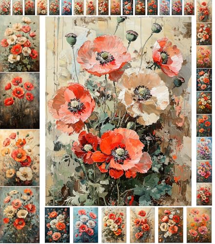 Decoupage Paper Pack (35 Sheets 6"x8") Poppy Bloom: Vibrant Red, White and Orange Poppies in Artistic Arrangements with Soft Textures and Rustic Backgrounds FLONZ Vintage - color: Eleven