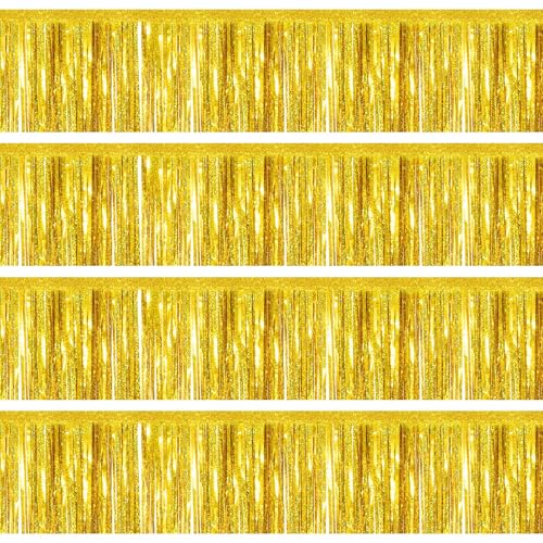 4 Packs Foil Fringe Garland Tinsel Streamers Shiny Wall Hanging Birthday Banner Backdrop for Graduation Wedding Anniversary Celebration Happy Birthday Party Decorations Glitter Gold - color: Glitter Gold