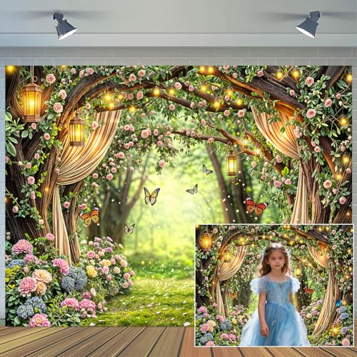 7 x 5 ft Enchanted Forest Backdrop Glitter Fairy Tale Garden Woodland Butterfly Flower Photography Background Spring Baby Shower Birthday Decorations Cake Table Banner Photo Booth Studio Props - color: Multi5, size: 7x5ft