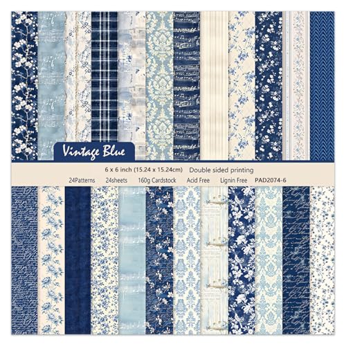 6 Inch Blue Floral Aesthetic Scrapbooking Paper Pad - 24 Sheets Double Sided Patterns for Background Photos Junk Journal Card Making Origami DIY Crafts Gifts Wrapping Material - color: Vintage Blue