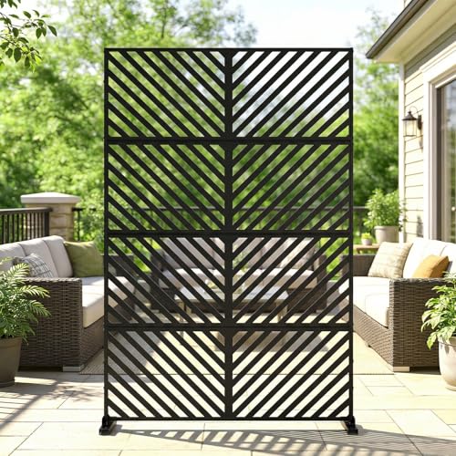 DoCred Metal Privacy Screen, 71" H X 45.7" W Freestanding Rustproof Steel Privacy Panels, Metal Outdoor Privacy Screens Decorative Fence with Stand for Deck, Patio, Backyard & Balcony - color: Black Slant Pattern, size: 71" H x 45.7" W