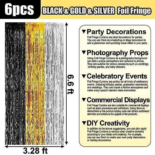 6 Pack Black Gold Silver Foil Fringe Curtain Backdrop, 3.28Ft x 6.6Ft Metallic Tinsel Foil Fringe Streamer Curtains for Photo Booth, Christmas Day, Thanksgiving, Wedding, New Year Party Decorations - color: Black Gold Silver