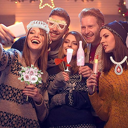 Wedding Photo Booth Props, Bachelorette Party Decorations, Engagement Party Decorations in Rose Gold, Pink with Glitter 23 pcs Pre-Assembled Funny Props