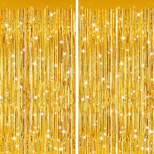 2Pack Gold Party Streamers, Gold Metallic Tinsel Streamers for Birthday Wedding Party Decors Graduation, Baby Shower, Photo Booth Props for Bachelorette Decors Xmas Halloween Party Supplies Backdrop - color: Gold