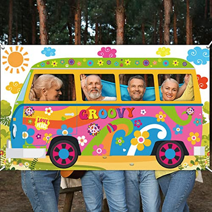 60's Hippie Bus Photo Prop 60s Party Decorations Large Fabric Retro Groovy Van Prop Hippie Selfie Frame Backdrop Background Banner Birthday Party Supplies Retro 60s 70s Party Favors 65.8 x 35.4 Inch - style: 60's Hippie