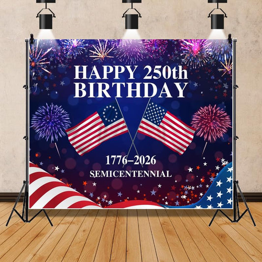 4th of July Backdrop Decorations Independence Day Backdrop 250 Anniversary USA Flag Banner 6x6ft 250th Birthday Fireworks Semiquincentennial Photography Background Photo Studio Props - color: Blue and Red, size: 6x6ft