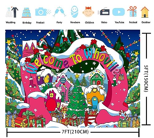 Welcome to Whoville Backdrop 7x5FT Winter Christmas Village Photography Background for Kids First Birthday Baby Shower Happy New Year Xmas Holiday Party Decoration Supplies Photo Props - size: 7x5FT