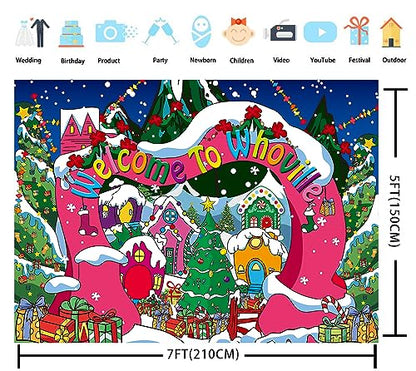 Welcome to Whoville Backdrop 7x5FT Winter Christmas Village Photography Background for Kids First Birthday Baby Shower Happy New Year Xmas Holiday Party Decoration Supplies Photo Props - size: 7x5FT