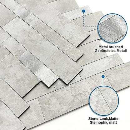 Backsplash Tile for Kitchen Peel and Stick Stone Matte Finish,Bathroom Tiles Stickers 3D Wall Panel Linear Mosaic Marble Backsplash Waterproof(5sheets,Cement Grey) - color: Cement Grey, size: 5sheets