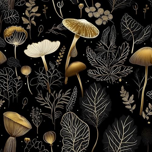 Laatse Black Gold Wallpaper Peel and Stick Dark Floral Contact Paper 17.5" x 393" Vinyl Self Adhesive Vintage Mushrooms Wall Mural Leaf Wall Paper for Room Countertop Drawer Decor Cabinet - color: Black Gold, size: 17.5" x 393"