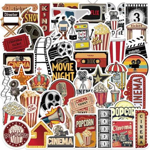 50Pcs Funny Movie Aesthetic Stickers for Teens Water Bottles Movie Night Theme Decals Decor, Vintage Movie Projector Film Camera Retro Cinema Stickers for Teens, Studentss (Film Prop) - color: Film Prop