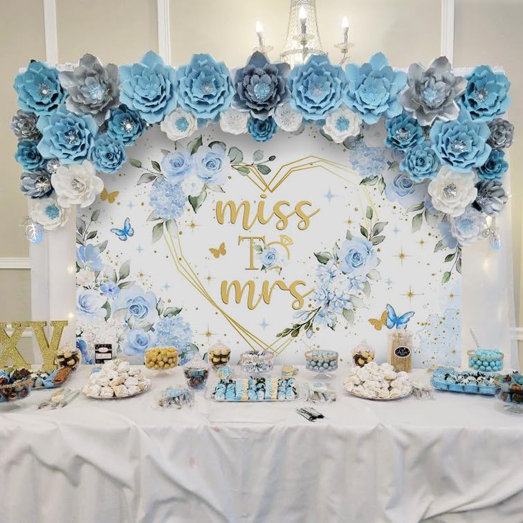 Mocsicka Miss to Mrs Bridal Shower Backdrop Boho Something Blue Bridal Shower Decorations Dusty Blue Bride to Be Wedding Shower Banner Photo Booth Props (7x5ft) - size: 7x5ft